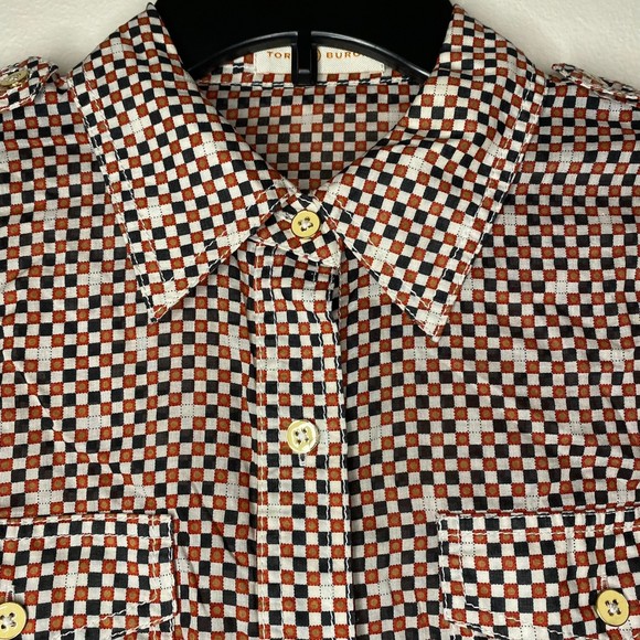 TORY BURCH womans size 6 Brigitte 100% cotton orange blue check button top - Picture 2 of 12